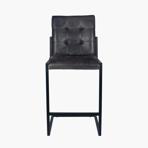 Steel Grey Leather & Iron Buttoned Bar Stool