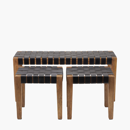 Claudio Black Woven Leather & Wood S/3 Bench & Stools