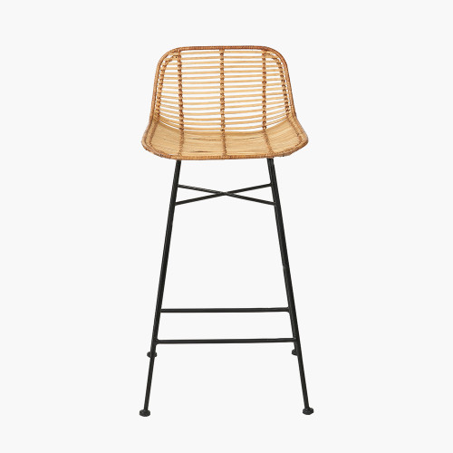 Natural Rattan Core and Black Metal Bar Stool