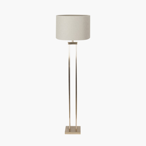 Langston Satin Brass Metal Column Floor Lamp Base with Lino 45cm Grey Self Lined Linen Cylinder Lampshade