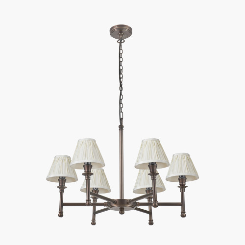 Piero Antique Bronze Metal 6 Arm Pendant with Garbo 15cm Cream Silk Mix Pinch Pleat Tapered Lampshades