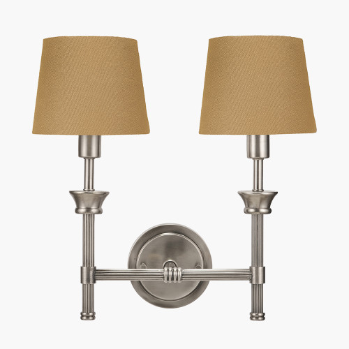 Salvatore Antique Silver Metal Double Wall Light with Pelham 15cm Taupe Handloom Tapered Lemon Clip Lampshades