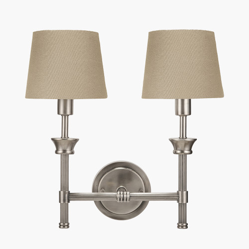 Salvatore Antique Silver Metal Double Wall Light with Pelham 15cm Taupe Handloom Tapered Lemon Clip Lampshades