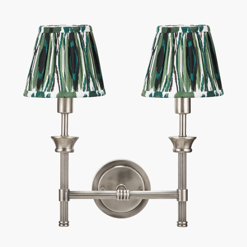 Salvatore Antique Silver Metal Double Wall Light with Izara 16cm Racing Green Ikat Patterned Mushroom Pleat Tapered Lampshade