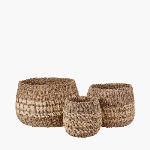 S/3 Woven 2-Tone Natural Seagrass and Palm Leaf Round Baskets