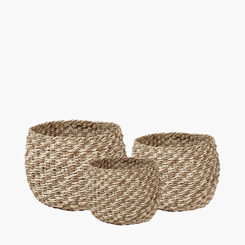 S/3 Woven 2-Tone Natural Seagrass and Palm Leaf  Round Baskets