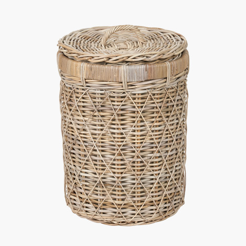 Brown Rattan Lidded Round Laundry Basket