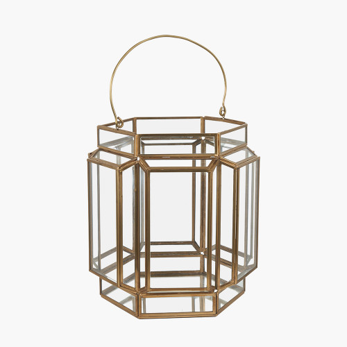 Shiny Brass Metal & Glass Hexagon Wide Lantern