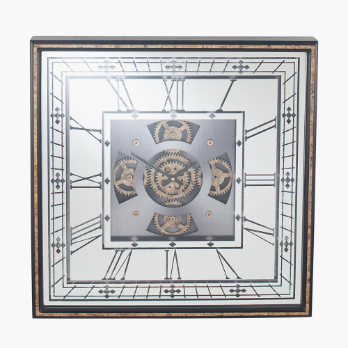 Gold Wood Frame and Mirrored Square Cog Wall Clock
