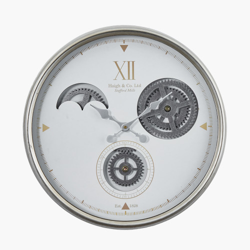 White & Silver Metal Cogs Wall Clock