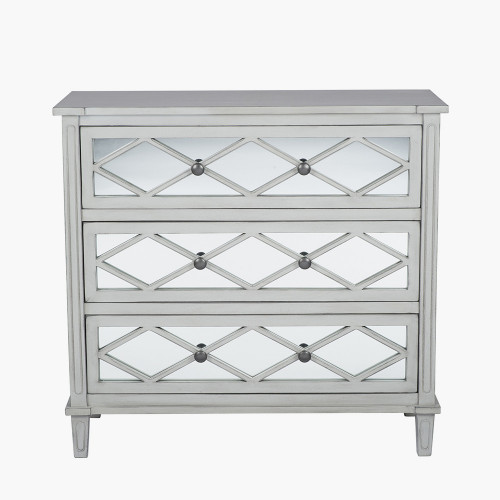Dove Grey Mirrored Pine Wood 3 Drawer Wide Unit