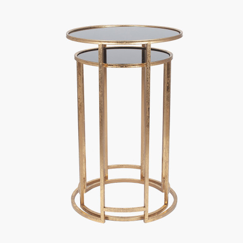 Antique Gold Metal & Black Glass S/2 Round Tables