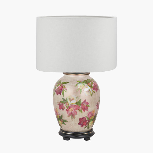 Hellebore Medium Glass Table Lamp Base with Lino 35cm White Self Lined Linen Cylinder Lampshade