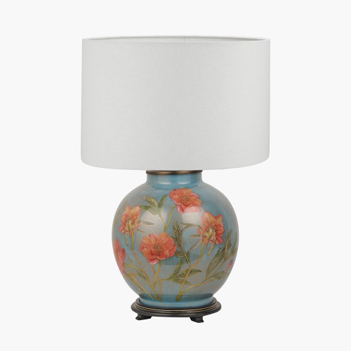 Coral Peony Large Glass Table Lamp Base with Lino 40cm White Self Lined Linen Cylinder Lampshade