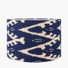 Pembury Brown Wash Turned Wood Table Lamp Base with Lars 30cm Ocean Blue Ikat Patterned Cylinder Lampshade
