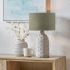 Kali Textured Dot Light Grey Stoneware Table Lamp Base with Edward 30cm Pistachio Green Linen Cylinder Lampshade