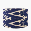 Llora Matt Black Metal Curved Table Lamp Base with Lars 35cm Ocean Blue Ikat Patterned Cylinder Lampshade