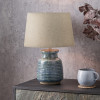Theano Dot Design Blue Glaze Table Lamp Base with Milos 30cm Natural Linen Tapered Lampshade