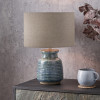 Theano Dot Design Blue Glaze Table Lamp Base with Edward 30cm Natural Linen Cylinder Lampshade