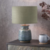 Theano Dot Design Blue Glaze Table Lamp Base with Edward 30cm Pistachio Green Linen Cylinder Lampshade