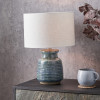 Theano Dot Design Blue Glaze Table Lamp Base with Lino 30cm White Self Lined Linen Cylinder Lampshade