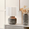 Etna Black and White Glass Table Lamp Base with Bloom 40cm White Handloom Scalloped Cylinder Lampshade