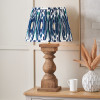 Kavya Antique Brown Turned Wood Table Lamp Base with Izara 45cm Ocean Blue Ikat Patterned Mushroom Pleat Tapered Lampshade