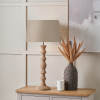 Ayra Natural Modernist Large Turned Wood Table Lamp Base with Winston 40cm Taupe Handloom Tapered Lampshade
