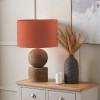 Ziva Antique Brown Round Wood Table Lamp Base with Lino 45cm Cinnamon Self Lined Linen Cylinder Lampshade