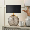 Camille Smoke Grey Circle Design Handcut Glass Table Lamp Base with Harry 30cm Black Cotton Mix Cylinder Lampshade