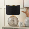 Camille Smoke Grey Circle Design Handcut Glass Table Lamp Base with Stellan 30cm Black Slubbed Silk Mix Gold Lined Cylinder Lampshade