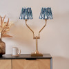 Tatiana Antique Brass Metal Table Lamp Base with Izara 16cm Ocean Blue Ikat Patterned Mushroom Pleat Tapered Lampshade