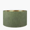 Langston Satin Brass Metal Column Table Lamp Base with Stellan 40cm Green Slubbed Silk Mix Gold Lined Cylinder Lampshade