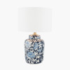 Fleur Blue Floral Ceramic Table Lamp with Lino 25cm White Self Lined Linen Cylinder Lampshade
