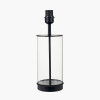 Westwood Clear Glass and Black Metal Table Lamp Base with Stellan 30cm Green Slubbed Silk Mix Gold Lined Cylinder Lampshade