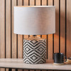 Chirala Black and White Ikat Ceramic Table Lamp Base with Lino 35cm White Self Lined Linen Cylinder Lampshade