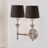 Salvatore Antique Silver Metal Double Wall Light with Pelham 15cm Grey Handloom Tapered Candle Clip Lampshade