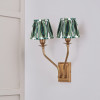 Tatiana Antique Brass Metal Double Wall Light with Izara 16cm Racing Green Ikat Patterned Mushroom Pleat Tapered Lampshade