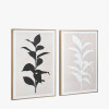S/2 Natural and Black Leaf Print Canvases with Natural Frames