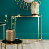 Veneziano Antique Gold Metal and Black Glass Half Moon Console Table
