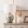 Coral Peony Large Glass Table Lamp Base with Lino 40cm White Self Lined Linen Cylinder Lampshade